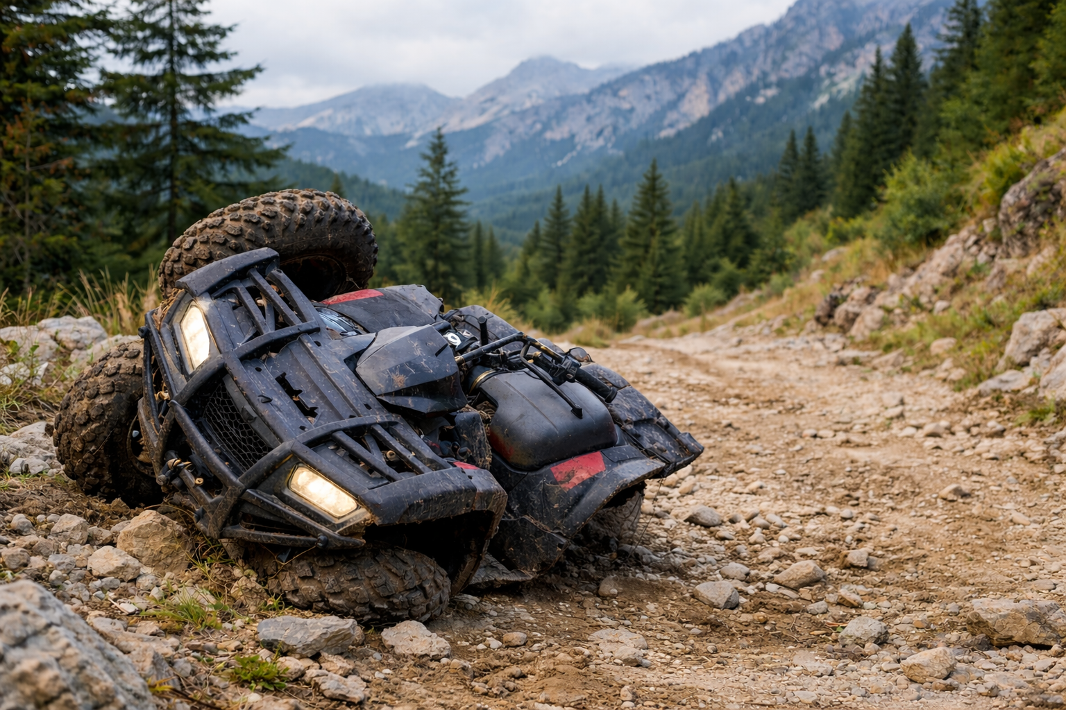 Ilustracija nesreće četverocikla na planinskom terenu